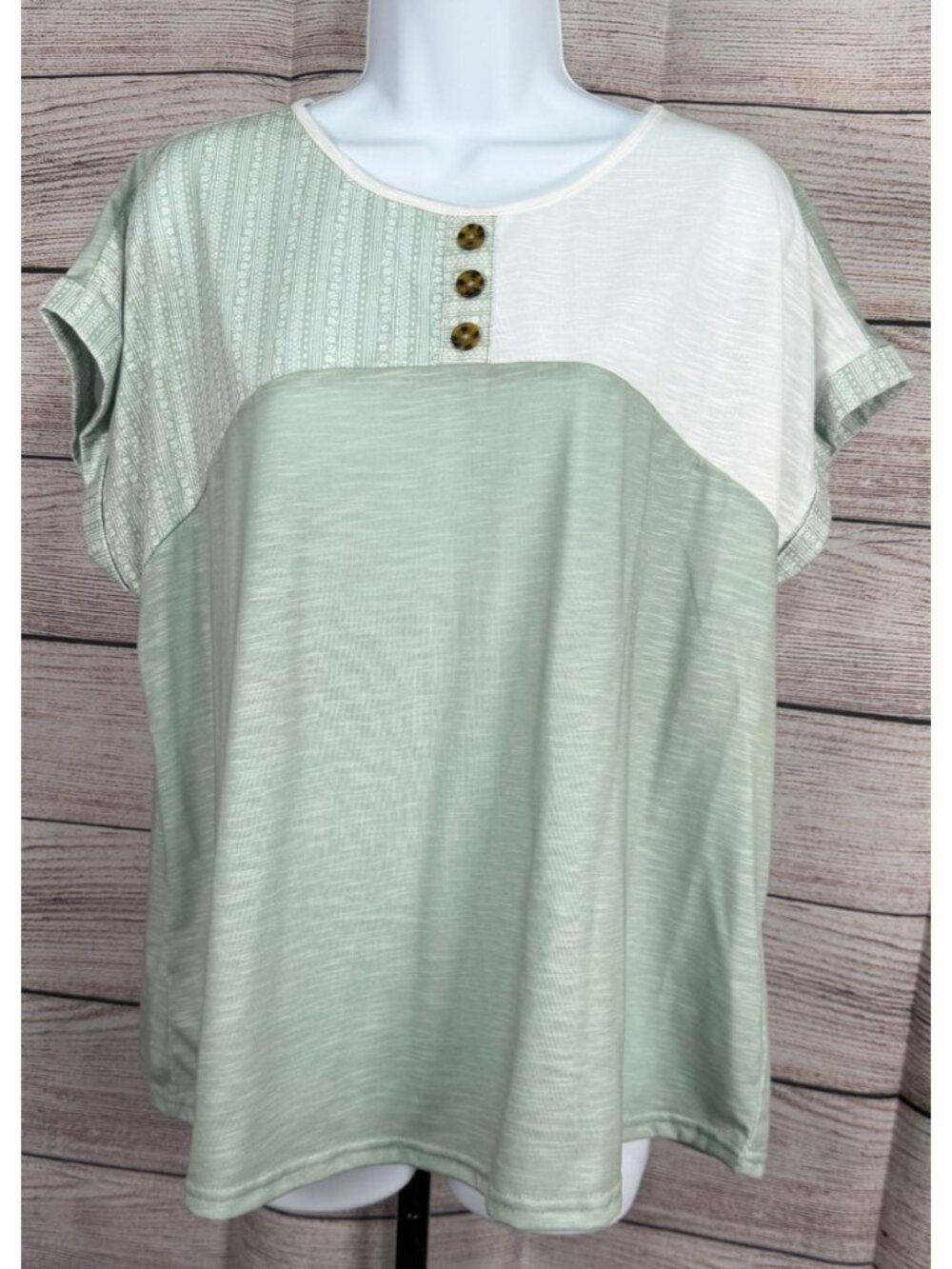 Anneliese Womens Blouse XL Green Colorblock Short Sleeve Round Neck Button NWOT